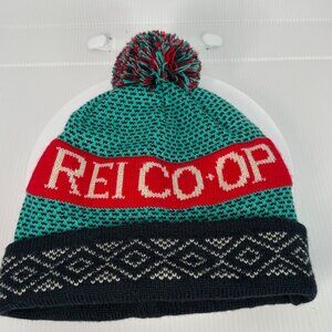 REI Co-op Knit Pom Beanie Hat One Size Teal/Red Classic Winter Cap for Ski